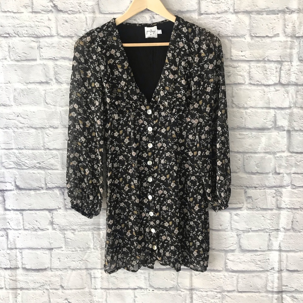 Princess Polly V Neck Button Up Dress Black Floral  Long Sleeve Womens 4 EUC